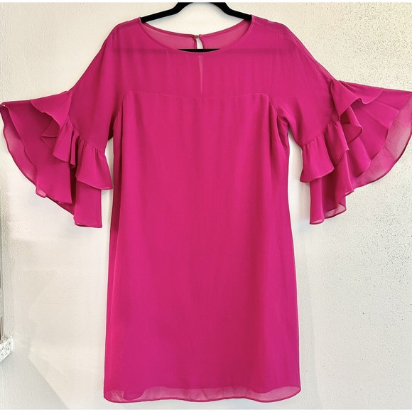 Vince Camuto Women's Size 6 Soufle Chiffon Shift Dress Magenta Ruffle‎ Sleeves - Picture 1 of 16